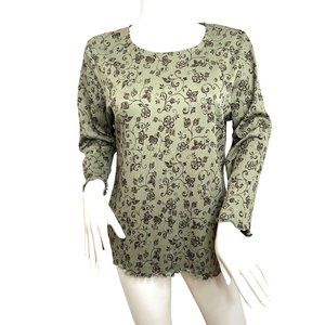 Croft & Barrow Women’s Blouse M Olive Green & Brown Floral 3/4 SLO Rounded Neck